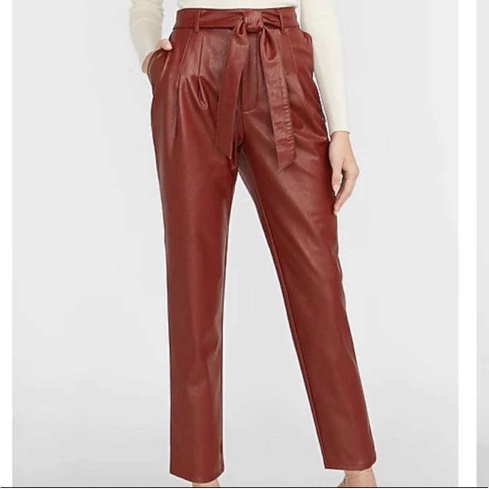 Express oversized Super High Waisted Vegan Leather Belted Ankle Pant cognac
